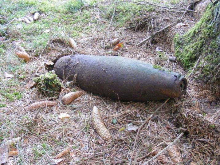 Na zdjęciu widoczny jest niewybuch znaleziony w lesie